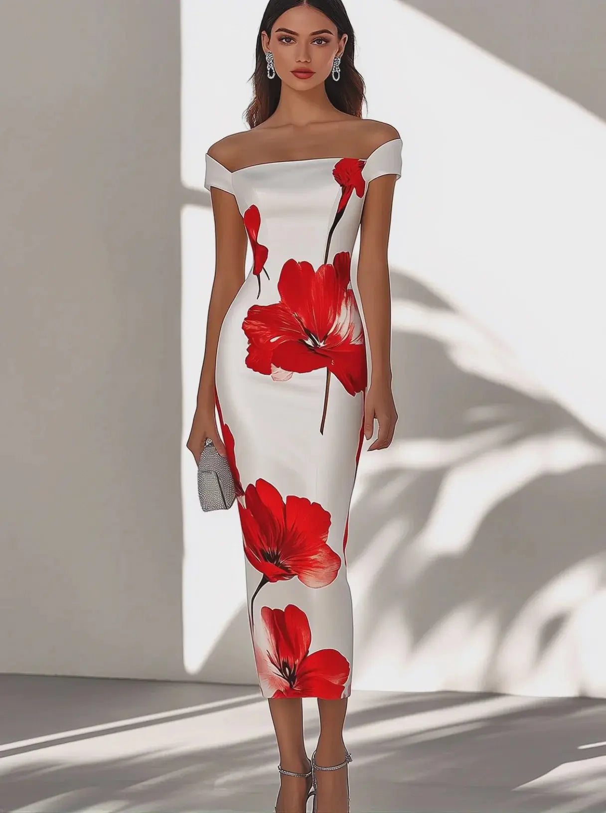 Zarif Beyaz Saten Elbise – Kırmızı Çiçek Baskılı - Decostal